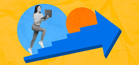 Yellow blue collage artwork picture of worker moving up on career ladder